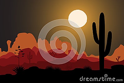 Saguaro cactus tree in night desert Vector Illustration