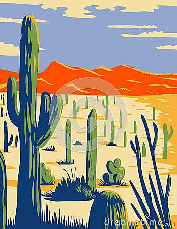 Saguaro National Park with Giant Saguaro Cactus in Sonoran Desert Pima County Arizona WPA Poster Art Vector Illustration