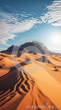 Sahara adventure, dry yellow sand, African sun, Morocco orange sky Stock Photo