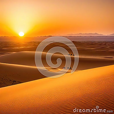 Sahara Desert Dunes and Camel Train at Sunrise Cartoon Illustration