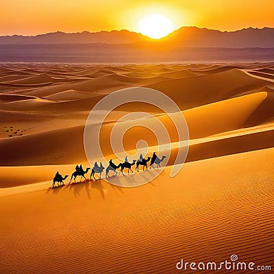 Sahara Desert Dunes and Camel Train at Sunrise Cartoon Illustration