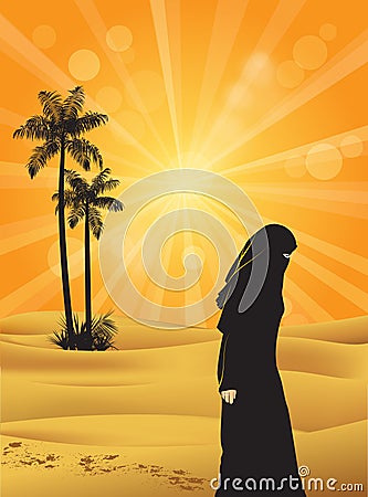 Arabian woman on Sahara desert at sunburst, vector illustration Vector Illustration