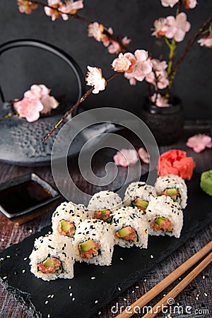 Sai Roll with salmon, avocado, cucumber. Sushi menu. Stock Photo