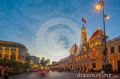 Saigon Night at Red Hotel, Nguyen Hue Street Editorial Stock Photo