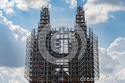 Saigon Notre-Dame Cathedral Basilica covered with scaffolds during restoration Editorial Stock Photo