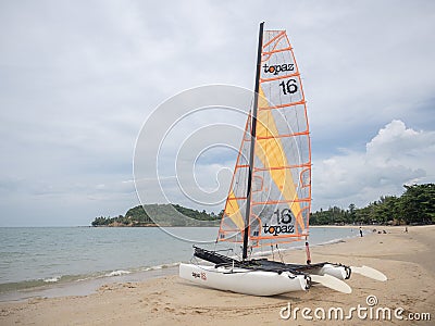 Sail boat beach in sea coast relaxation landscape. Editorial Stock Photo