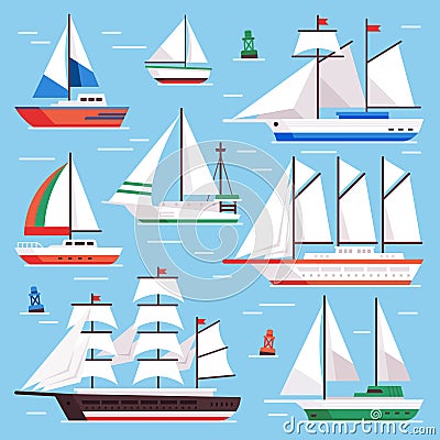Sail boat. Transportation sailboat for water sailboat race. Flat luxury sailing vector illustration set Vector Illustration