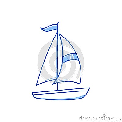 Sail boat, yacht ship doodle. Hand drawn sketch doodle style sail boat. Blue pen line stroke isolated element. Travel Vector Illustration