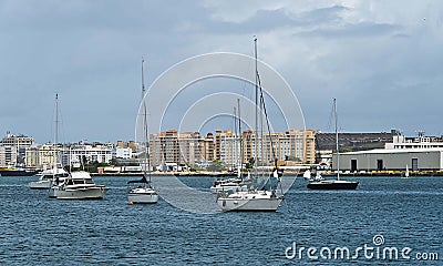 Sail boats anchored at San Juan bay, Puerto Rico. Stock Photo