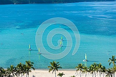 Sail boats / catamarans with colorful sails, kayaks and paddle boarders, on the blue water off the beach in front of Hamilton Stock Photo