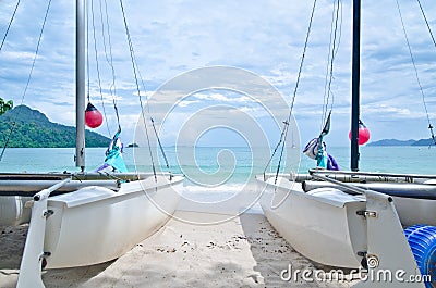 Sail boats on Datai beach, Langkawi, Malaysia Stock Photo