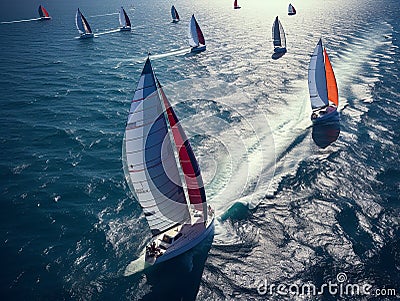 Sail boats surf the blue waters Stock Photo