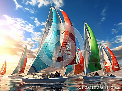 Sail boats surf the blue waters Stock Photo