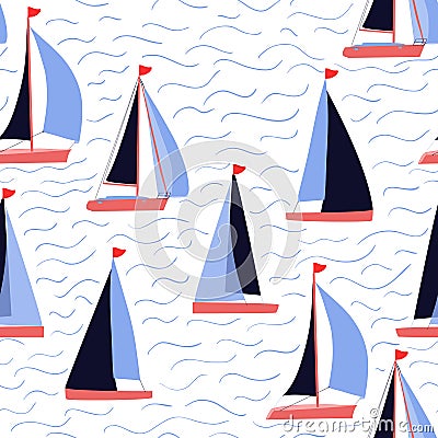 Sail boats and waves vector repeat nautical print Vector Illustration