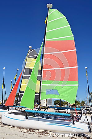 Sail Catamarans Resting in the Sand on a Key Biscayne,Beach Stock Photo