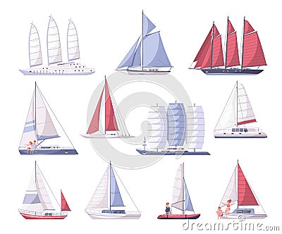 Sail Yachts Cartoon Set Vector Illustration