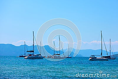 Sail yachts in the sea near Aegina Island Stock Photo