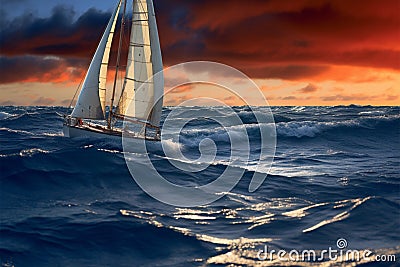 Sailboat basks in the ethereal glow of a beautiful sunset Stock Photo