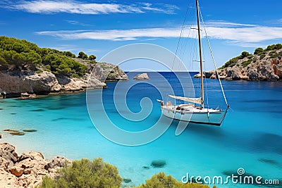 Sailboat in Calanques bay, Costa Brava, Catalonia, Spain, Beautiful beach with sailing boat yacht, Cala Macarelleta, Menorca Stock Photo