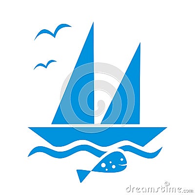 Sailboat and fish and birds, blue color, eps. Vector Illustration