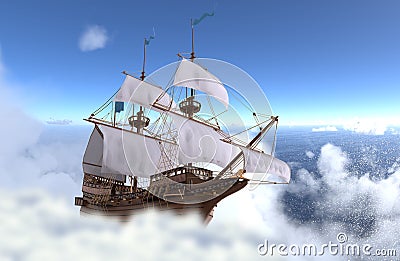 Sailboat flying above the clouds 3d illustration Cartoon Illustration