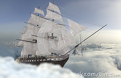 Sailboat flying above the clouds 3d illustration Cartoon Illustration