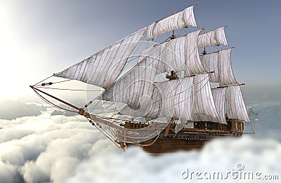 Sailboat flying above the clouds 3d illustration Cartoon Illustration