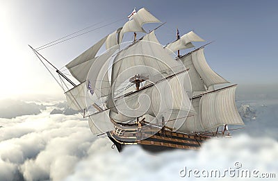 Sailboat flying above the clouds 3d illustration Cartoon Illustration