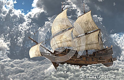 Sailboat flying above the clouds 3d illustration Cartoon Illustration