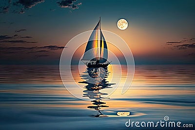 a sailboat gliding across a calm blue sea, the sun setting behind it Stock Photo