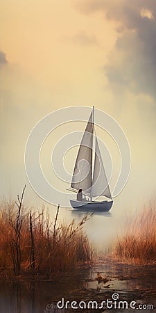 Romantic Sailboat In Foggy Lake - Stunning Realistic Landscape Photography Stock Photo