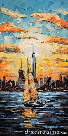 Sailboat Sailing Over New York City Vibrant Expressionist Painting Stock Photo