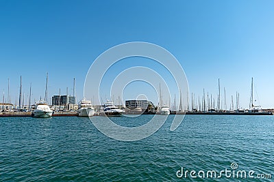 Sailboat harbor, many beautiful moored sail yachts in the sea port Stock Photo