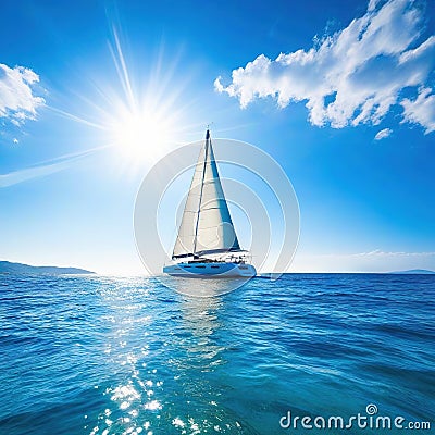 Sailboat in the ocean under with clouds on Luxury summer outdoor activities at Cartoon Illustration