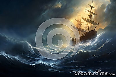 the sailboat sails through a stormy sea, a dark dramatic sky with gloomy clouds Stock Photo