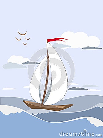 Sailboat sails on the waves with white sails with. Vector Illustration