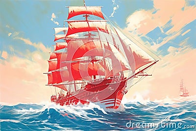 Sailboat with scarlet sail in a waves. Generative AI Stock Photo