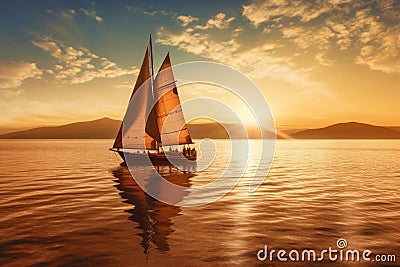 Sailboat in the sea in the evening sunlight over beautiful background. Generative AI Cartoon Illustration