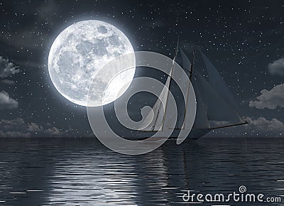 Sailboat on the sea at night with full moon Stock Photo