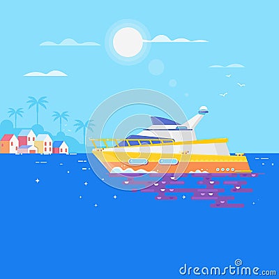 Sailboat in the sea and seagulls around.Luxury travel seaway ocean transport yacht. Flat vector illustration Vector Illustration