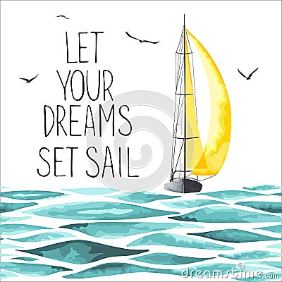 Sailboat in the sea and seagulls around. Vector Illustration