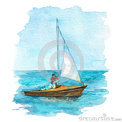 Sailboat with skipper and white sails in the sea. Cartoon Illustration