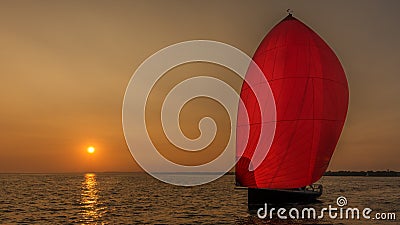 Red spinnaker illuminated by sunset Stock Photo