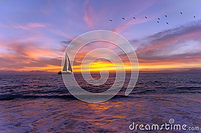 Sailboat Sunset Silhouette Stock Photo