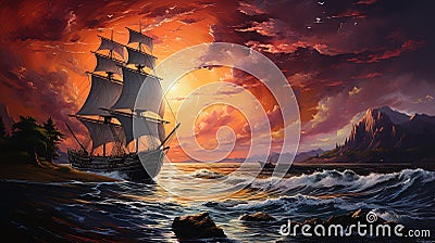 Sailboat from the 18th or 19th century traveling along the coast of a continent Stock Photo