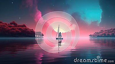 A sailboat under a amazing pink sky image generative AI Stock Photo