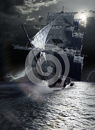 Ship under full Moon escaping from storm Stock Photo