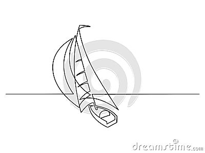 Sailboat under full sail at sea. Sailing logo. Continuous one line drawing. Vector Illustration