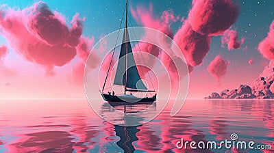 A sailboat under a pink sky on the sea generative AI Stock Photo