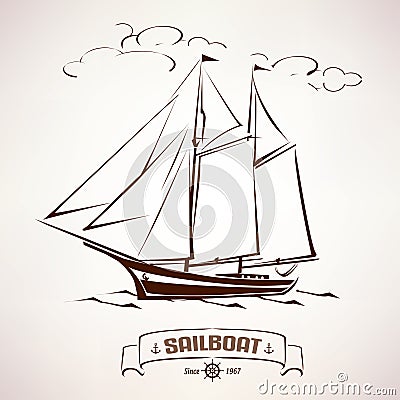 Sailboat, vintage wooden ship Vector Illustration